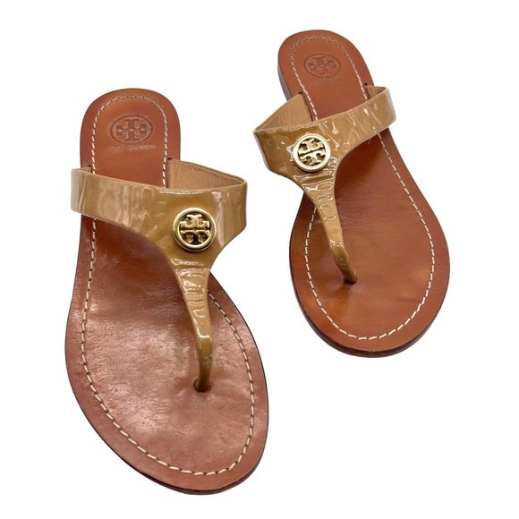 Tory Burch Leather Thong Sandals Logo Brown Size 7